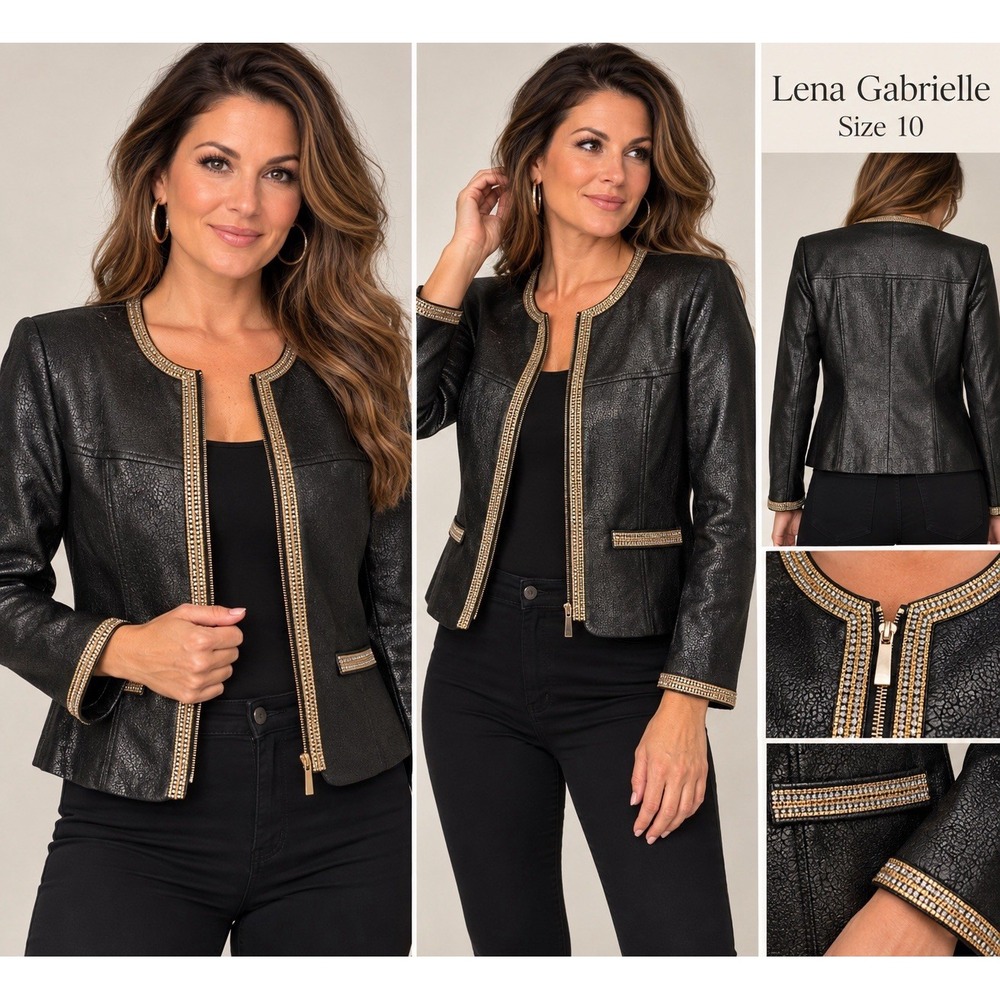 Lena Gabrielle Women's Sz 10 Black Faux Leather Jacket Rhinestone Gold Trim #44